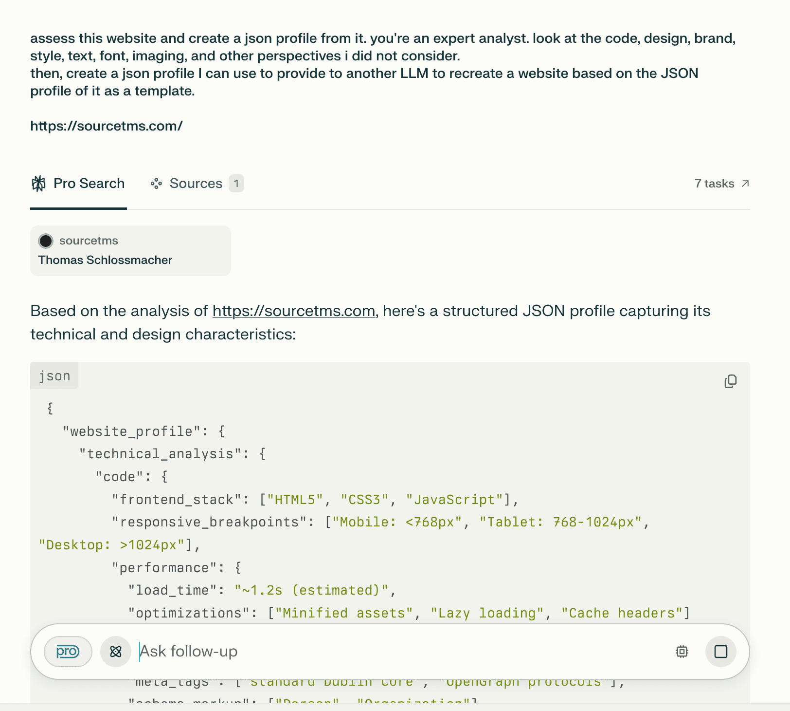 Screenshot of Perplexity analyzing sourcetms.com and generating a JSON profile